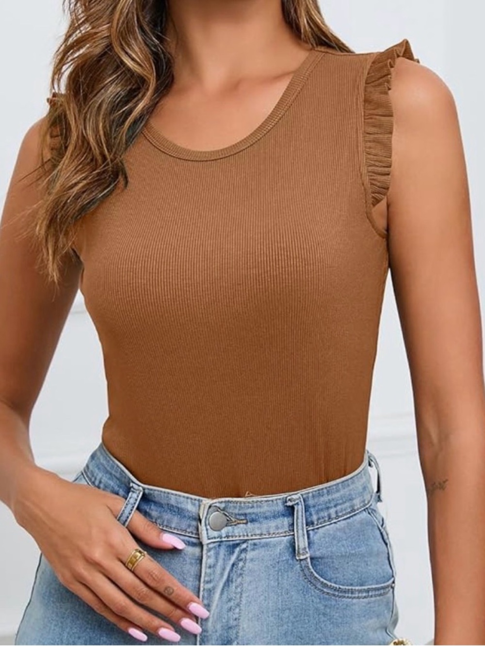 Ruffle Sleeve Ribbed Bodysuit - Rust - Picture 3 of 3